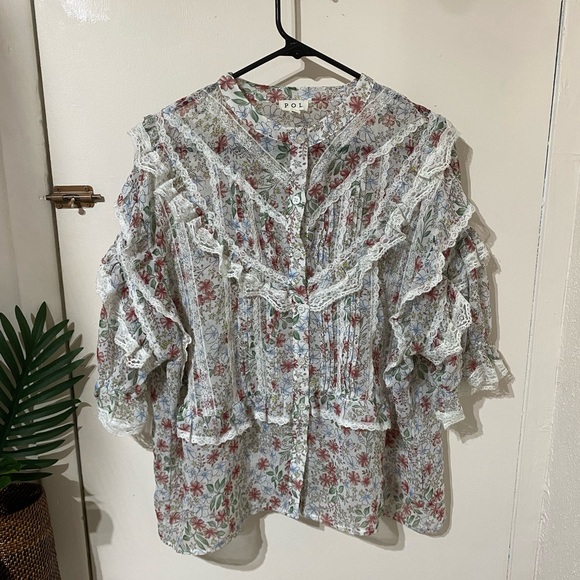 POL Tops - POL Floral Print Ruffle Lace Boho Long Sleeve Button Down Blouse size Large